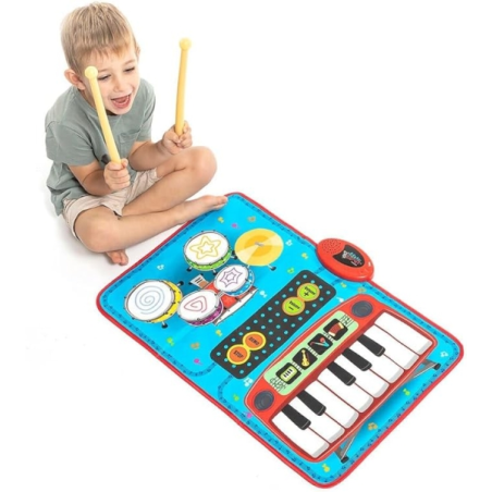 Tapis musical 2-en-1 Beats'n'Tunes d'Innovagoods : clavier avec 4 instruments, batterie avec tambours et cymbales, antidérapant,