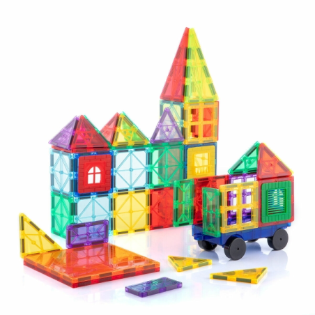 Jeu de construction magnétique 3D Innovagoods - 57 pièces - Couleurs translucides - Sac de transport - Multicolore