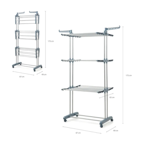 Étendoir à linge vertical Innovagoods Dolver avec roulettes - 24 barres - Supporte jusqu'à 40 kg - Pliable - Hauteur réglable -