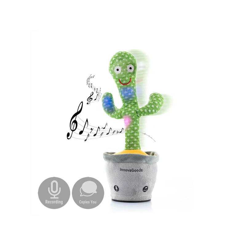 Cactus musical et parlant Innovagoods Cacxi - Batterie 180 mAh - Lumière LED - Rechargeable - 10 x 30 x 10 cm - Vert et gris