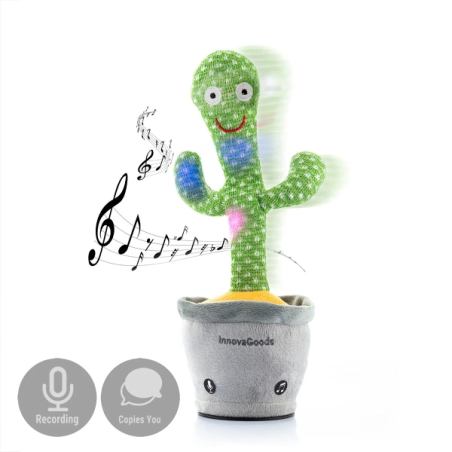 Cactus musical et parlant Innovagoods Cacxi - Batterie 180 mAh - Lumière LED - Rechargeable - 10 x 30 x 10 cm - Vert et gris
