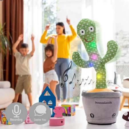 Cactus musical et parlant Innovagoods Cacxi - Batterie 180 mAh - Lumière LED - Rechargeable - 10 x 30 x 10 cm - Vert et gris