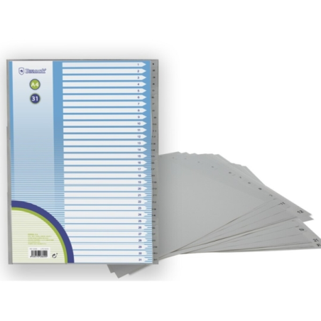 LOT de 12 Index numérique Bismark avec onglets de 1 à 31 - Multi-trous - Format A4 - En polypropylène - Couleur grise