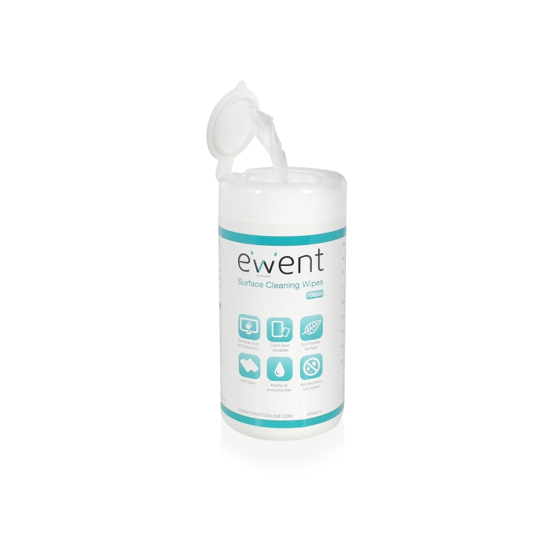 Lingettes nettoyantes pour écrans Ewent - Antibactériennes - Antistatiques - Sans alcool - Blanches