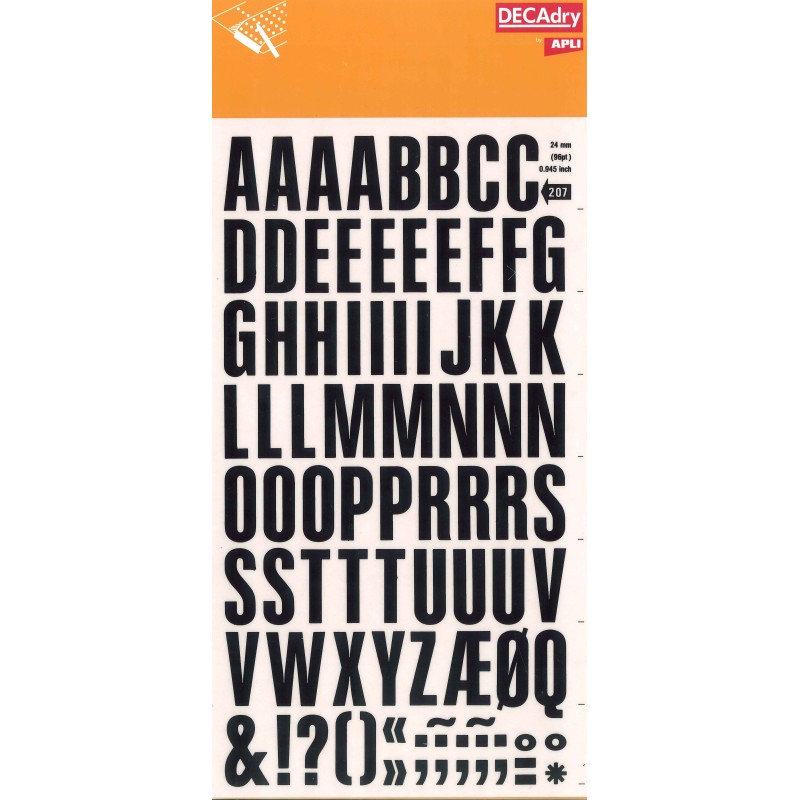 Lettres de transfert Apli Super Black 24 mm - 86 caractères - Application facile - Haute qualité - Résistant à l'eau - Noir