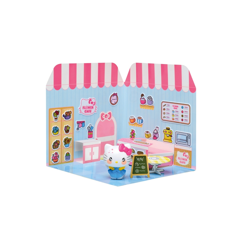 Maison d'autocollants Comansi Hello Kitty Flower Cafe - Figurine incluse - Autocollants lavables - Décor adorable - Jeu créatif