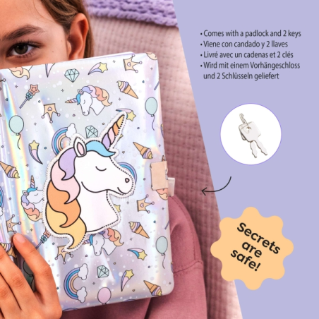 Journal intime licorne holographique Back2Fun de Miquel Rius - Verrouillable - Crayon inclus