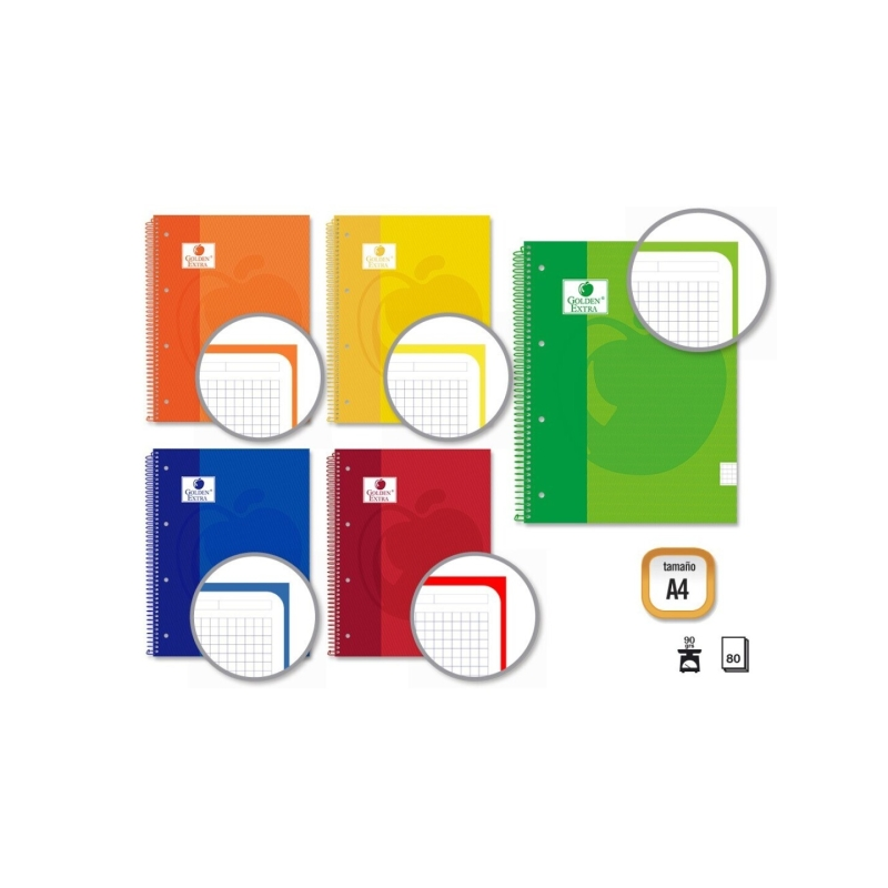 LOT de 5 Cahier à spirales Golden Extra A4 80 feuilles 90 g/m² quadrillé 5x5 - Feuilles microperforées avec bande colorée
