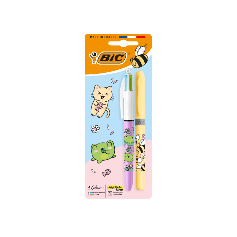 Pack Bic 4 Couleurs Décors Kawaii avec 1 stylo bille rétractable pastel + 1 surligneur pastel (couleur aléatoire) - Pointe