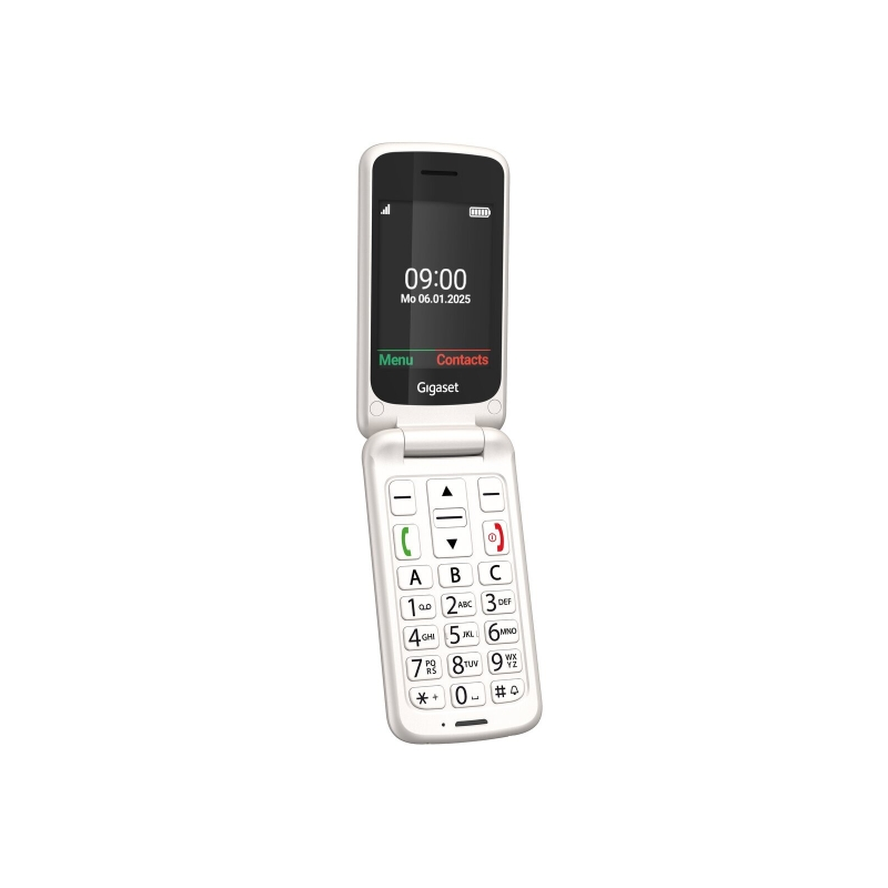 Téléphone portable Gigaset GL595 pour seniors, écran 2,8 pouces, clapet, IP44, station de charge, blanc