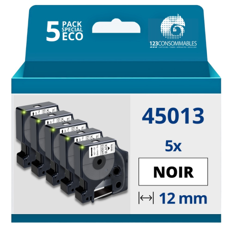 Pack de 5 Rubans compatible DYMO D1 45013 - Noir sur blanc 12mm x7m