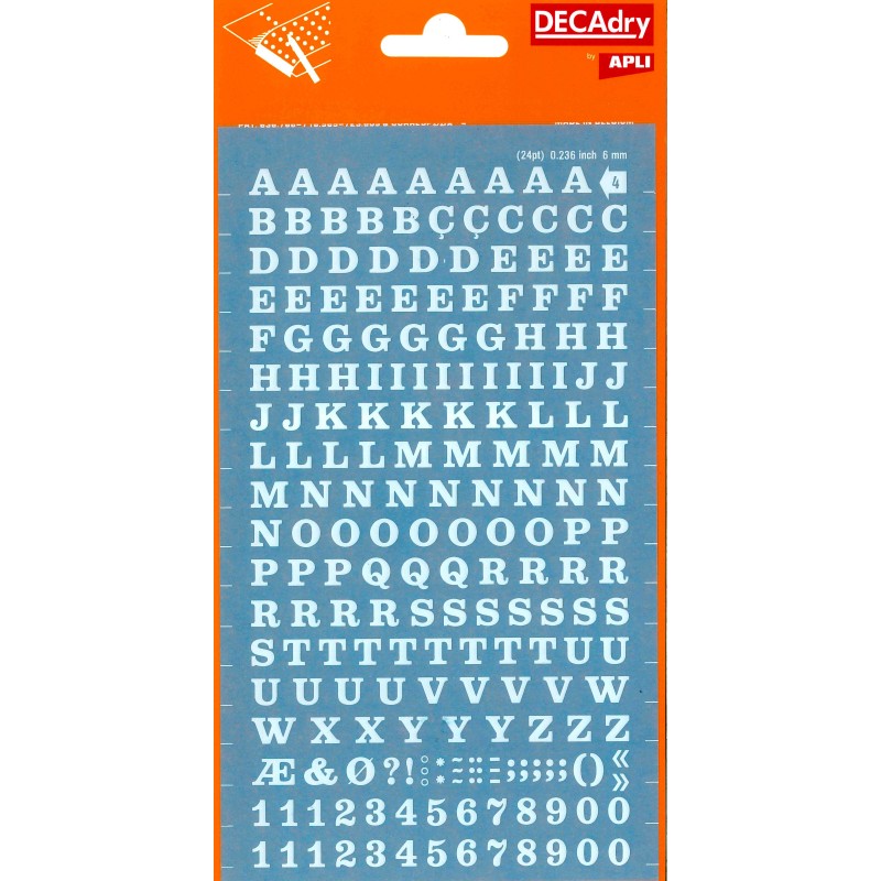 Lettres et Chiffres Transférables - 6mm - Application Facile - 214 Caractères - Blanc