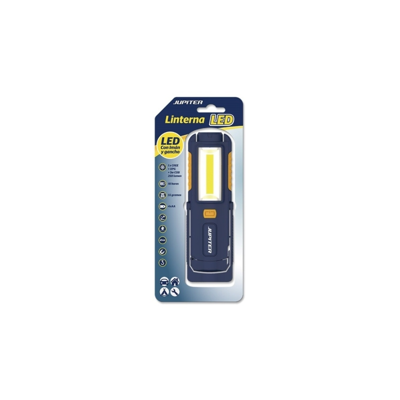 Lampe de travail LED + COB Jupiter 250 lm - Avec aimant et crochet - Résistance IP44 - Fonctionne avec 4 piles AA (non