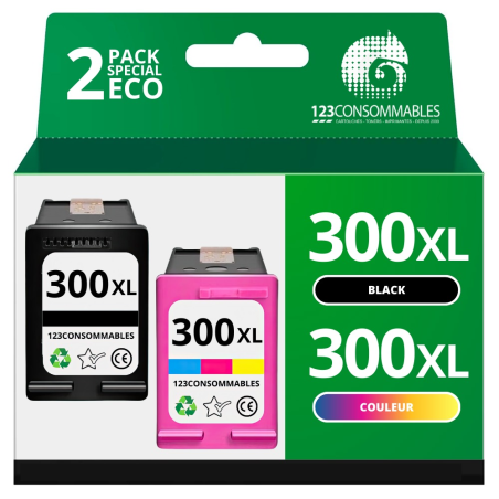 Pack compatible 2 cartouches HP 300 XL noir et couleur longue durée