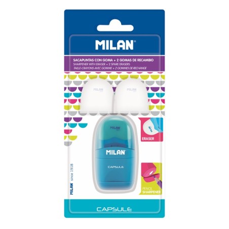 ✅ LOT de 12 Milan Capsule Blister Sharpener - Taille-crayon et gomme + 2 gommes de rechange - Lame en acier carb en stock