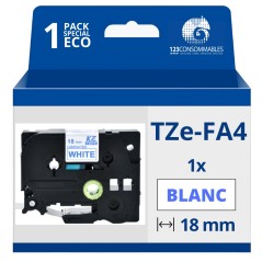 ✅ Ruban compatible Brother TZeFA4 Textile - Texte bleu sur fond blanc - Largeur 18mm x 3 mètres couleur Bleu/bl en stock