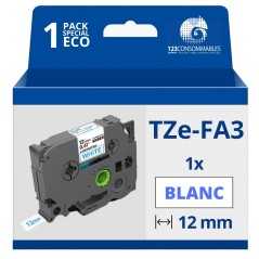 ✅ Ruban compatible Brother TZeFA3 Textile - Texte bleu sur fond blanc - Largeur 12mm x 3 mètres couleur Bleu/bl en stock