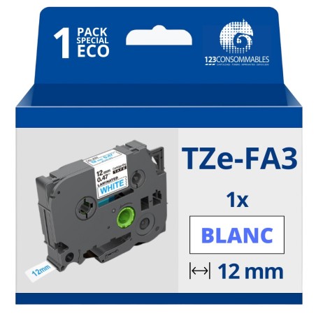 ✅ Ruban compatible Brother TZeFA3 Textile - Texte bleu sur fond blanc - Largeur 12mm x 3 mètres couleur Bleu/bl en stock