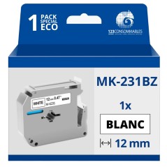 ✅ Ruban compatible Brother MK-231BZ non laminé - Texte noir sur fond blanc - Largeur 12 mm x 4 mètres couleur en stock