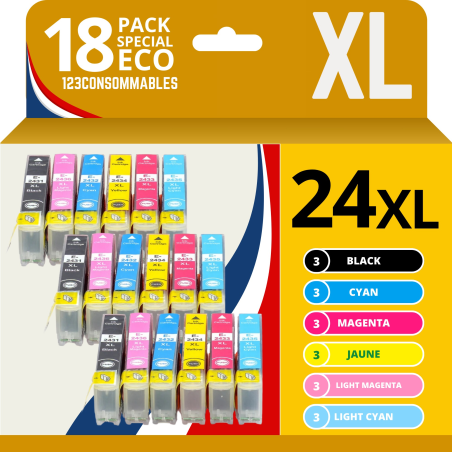 Pack compatible EPSON 24XL, 18 cartouches - Couleurs XL fiables