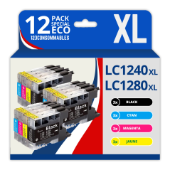 Pack compatible BROTHER LC1240/LC1280, 12 cartouches couleur fiables