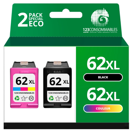 Pack 2 Cartouches compatibles HP 62 XL - SANS NIVEAU, haute capacité