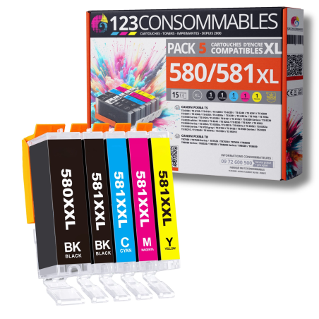 Pack 5 Cartouches compatibles CANON PGI-580 CLI-581 XL haute capacité