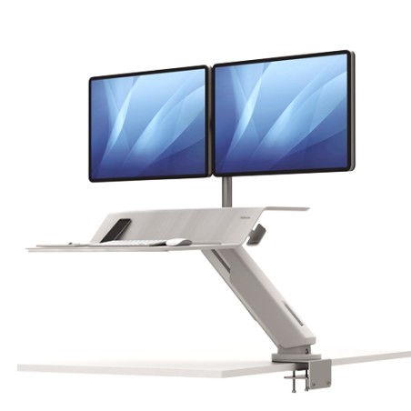 ✅ Fellowes Poste de travail double assis-debout Lotus RT - Grande surface - Comprend un bras pour écran - Dessu en stock