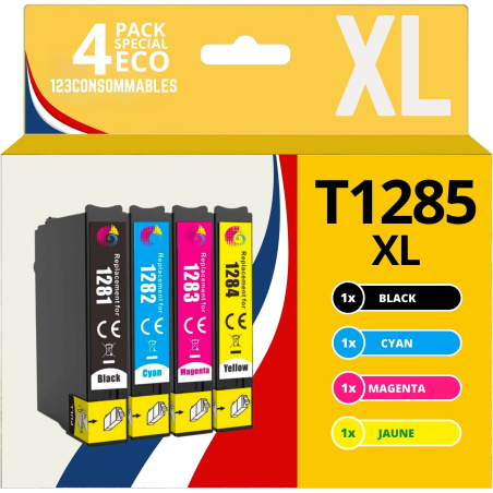 Pack compatible avec EPSON T1285, 4 cartouches couleur fiables