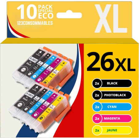 Pack compatible EPSON 26XL, 10 cartouches haute capacité couleur