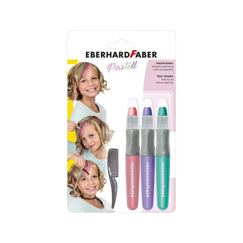 Pack de 3 craies pastel pour cheveux Eberhard Faber + 1 mini peigne - Appliquer sur cheveux secs - Utiliser le peigne pour