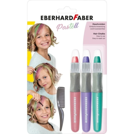 Pack de 3 craies pastel pour cheveux Eberhard Faber + 1 mini peigne - Appliquer sur cheveux secs - Utiliser le peigne pour