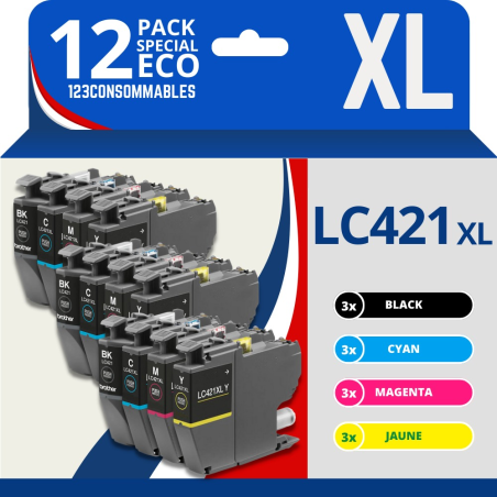 Pack compatible Brother LC421 XL, 12 cartouches haute capacité