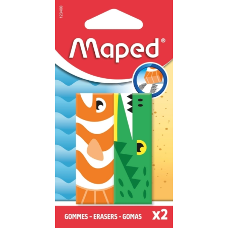 Maped Gomme Animaux Lot de 2 Forme Rectangulaire Couleurs Assorties