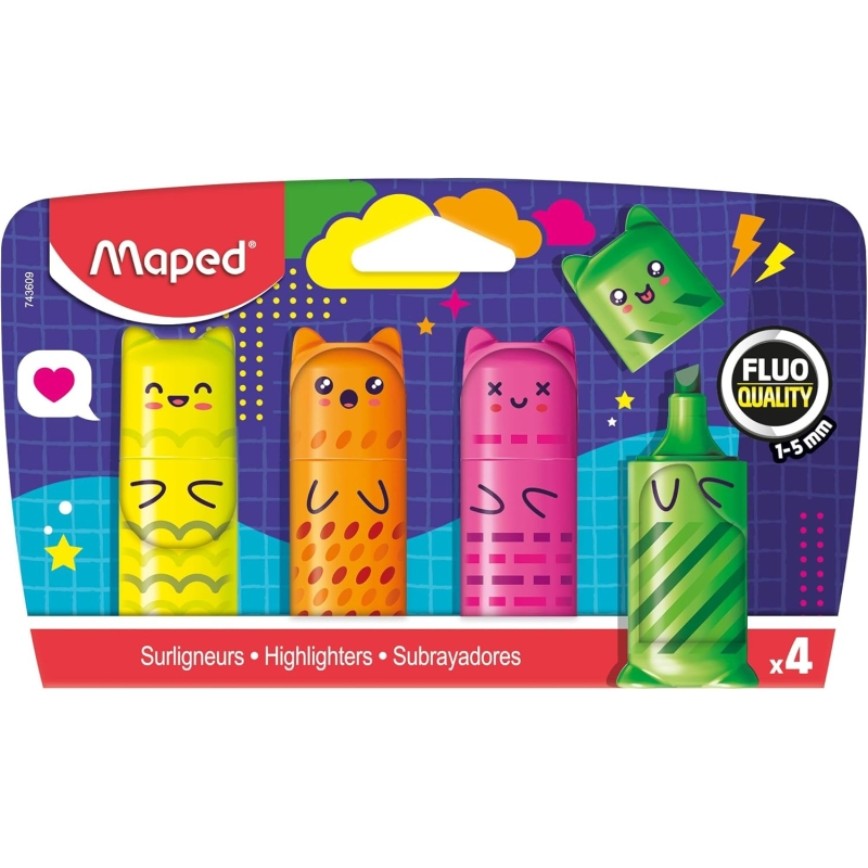 Pack Maped de 4 mini-surligneurs kawaii néon assortis 1–5 mm