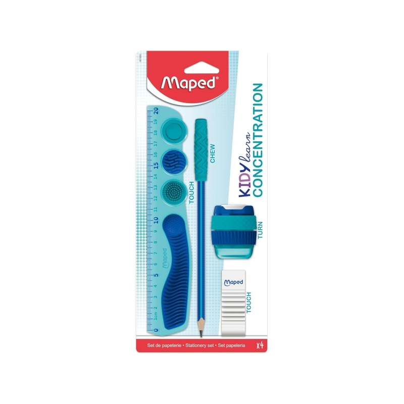 Maped Kidy Lern Pack : règle 20 cm bleue + taille-crayon + gomme + crayon Maped Kidy Lern Pack : règle 20 cm bleue + taille-crayon + gomme + crayon