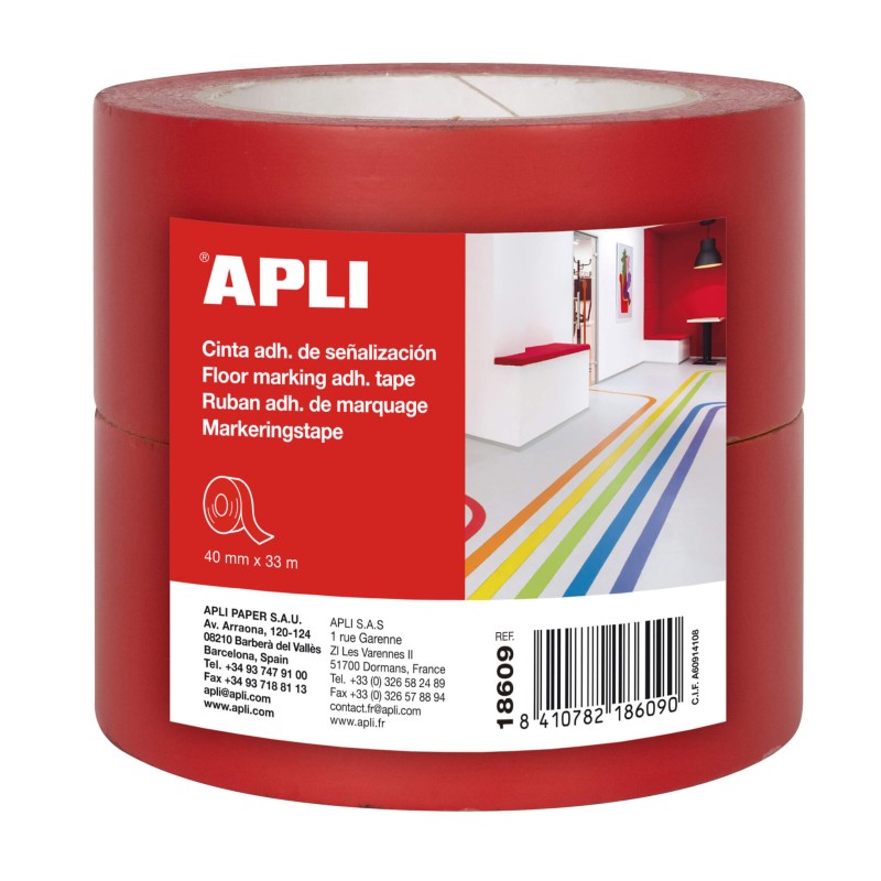 Apli Ruban Adhésif de Signalisation PVC 40x33mm 160?m - Déroulement Silencieux - Adhésif Solvant - Résistant aux Rayons UV