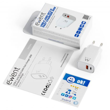 Chargeur Ewent EW1326 GaN 30W USB-C PD3.0 USB-A QC3.0 Blanc