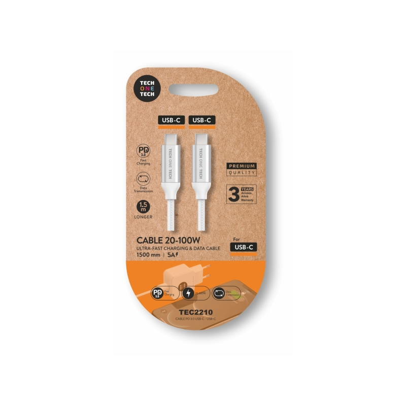 Câble USB-C vers USB-C 1 m, nylon tressé blanc Câble USB-C vers USB-C 1 m, nylon tressé blanc