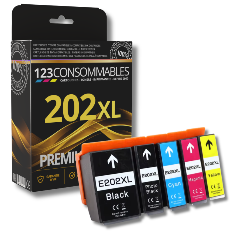 Pack 123CONSOMMABLES compatible EPSON 202XL, 5 cartouches Pack 123CONSOMMABLES compatible EPSON 202XL, 5 cartouches