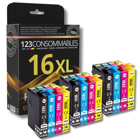 Pack 123CONSOMMABLES compatible EPSON 16XL, 12 cartouches haute qualité