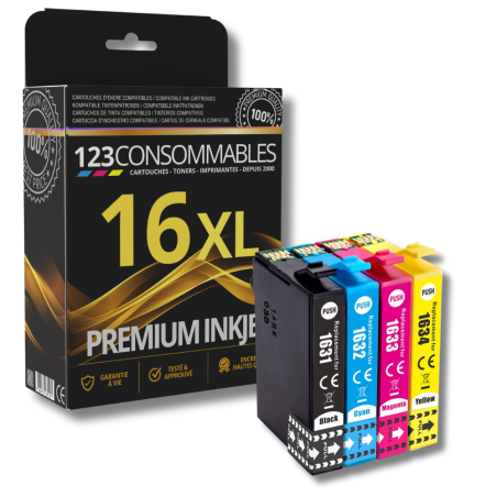 Pack 123CONSOMMABLES compatible EPSON 16XL, 4 cartouches XL Couleur