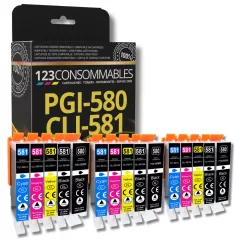Pack 123CONSOMMABLES compatible CANON PGI-580 CLI-581 XL, 15 Cartouches