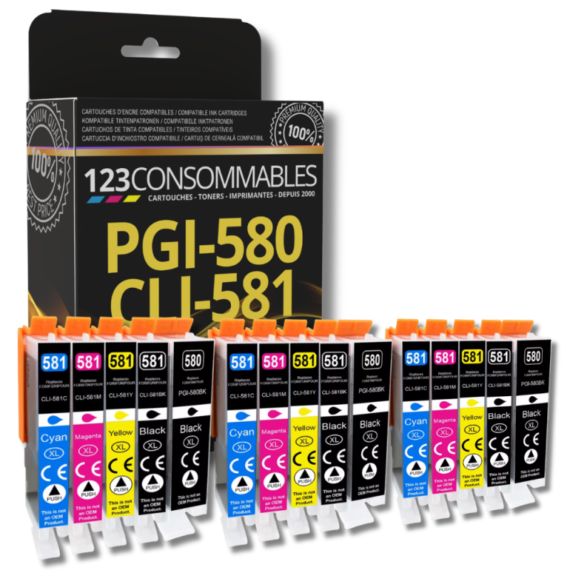 Pack 123CONSOMMABLES compatible CANON PGI-580 CLI-581 XL, 15 Cartouches Pack 123CONSOMMABLES compatible CANON PGI-580 CLI-581 XL, 15 Cartouches