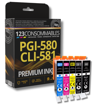 Pack 123CONSOMMABLES compatible CANON PGI-580 CLI-581 XL, 5 Cartouches XL