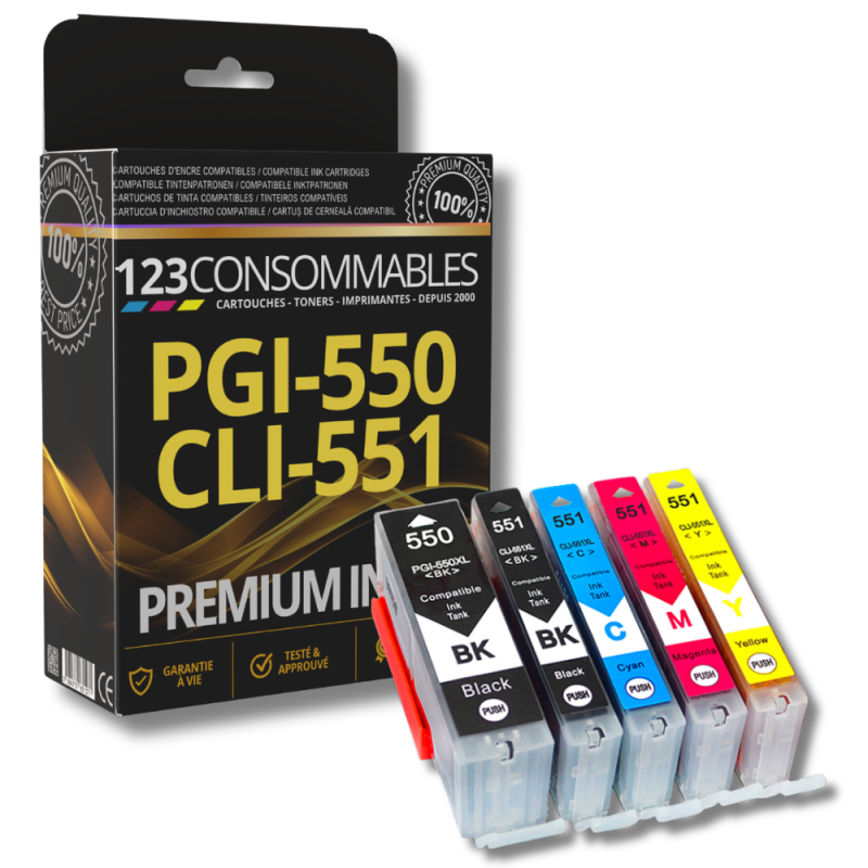 Pack 123CONSOMMABLES compatible CANON PGI550/CLI551 XL, 5 cartouches