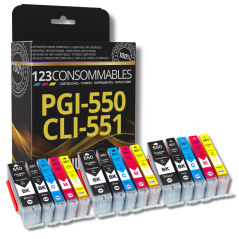Pack 123CONSOMMABLES compatible CANON PGI550/CLI551 XL, 15 cartouches XL