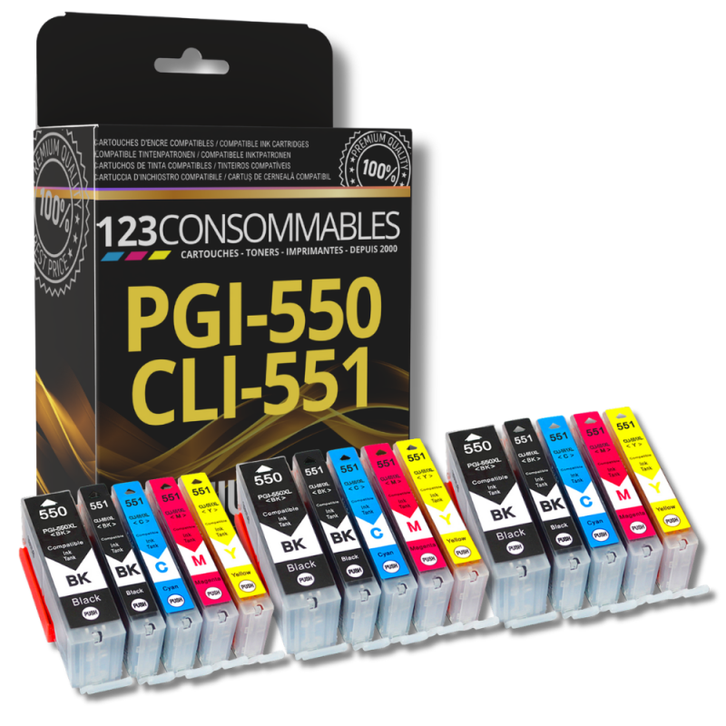 Pack 123CONSOMMABLES compatible CANON PGI550/CLI551 XL, 15 cartouches