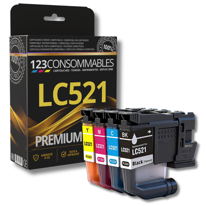 Pack 123CONSOMMABLES compatible Brother LC521, 4 cartouches (remplace LC-521) Pack 123CONSOMMABLES compatible Brother LC521, 4 cartouches (remplace LC-521)