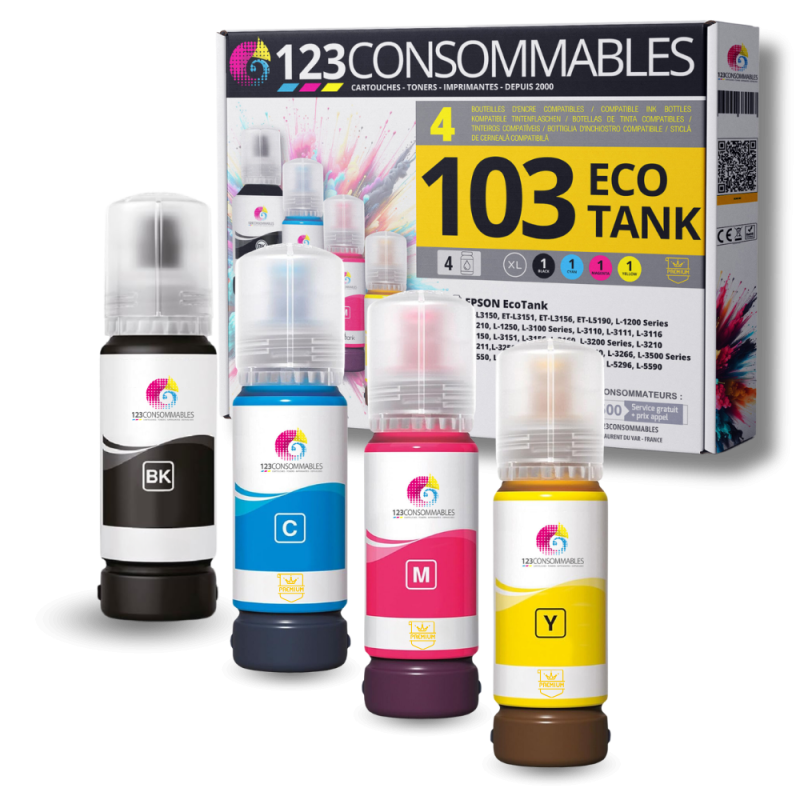Pack compatible avec EPSON 103 ECOTANK, 4 bouteilles d'encre Pack compatible avec EPSON 103 ECOTANK, 4 bouteilles d'encre